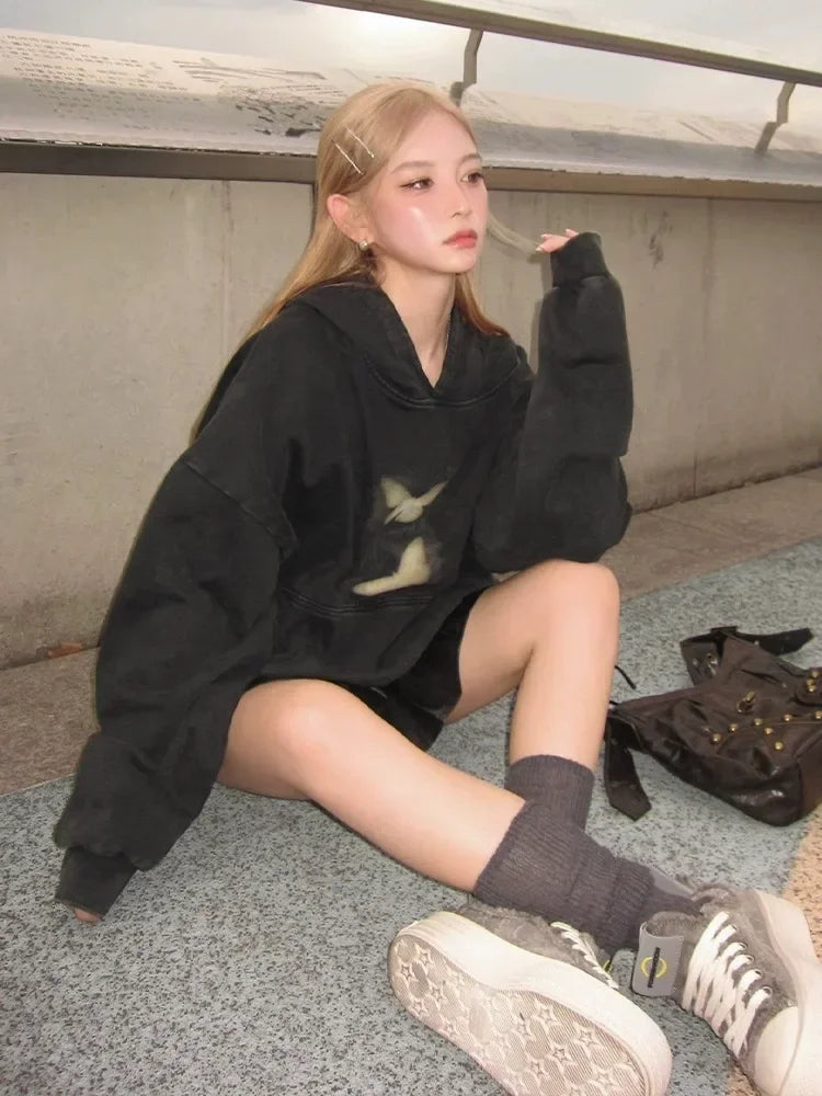 Butterflies Print Black Hoodie Harajuku Oversized Pullover Sweatshirts Maillard Reaction Cotton Clothes