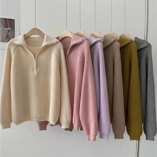 High Street Loose Thread Long Sleeve Sweater Autumn New Turn Down Collar Zipper Color Cashmere Knit Tops
