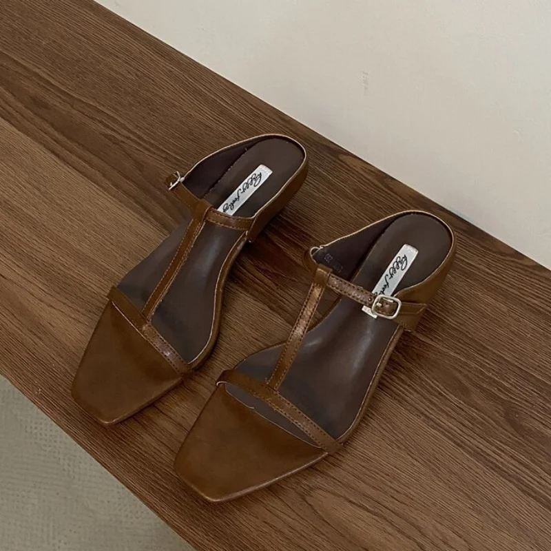Summer Slipper Square Heels Sandals Square Toe Party Wedding Shoes Slip on Beach Slides Mujer