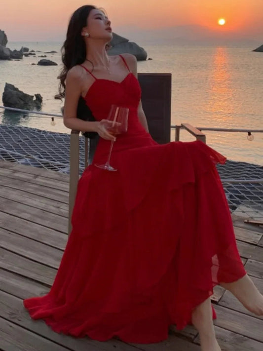 Summer Red Dresses Spaghetti Strap Sleeveless Ruffles Birthday Party Long Dress Holiday Prom Aline Vestidos New
