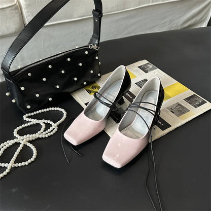 Squaretoed Mary Jane Shoes Pumps Mixed Colors Designer Slingback Shoes Female Retro Ankle Straps High Heels Mary Jane