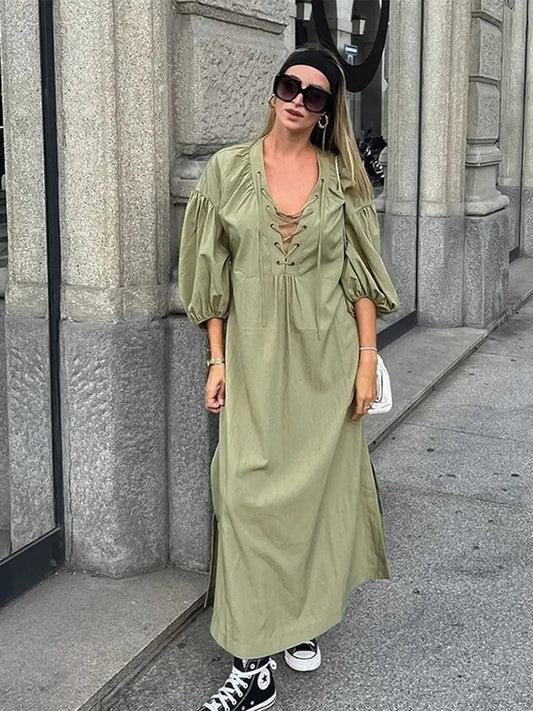 Street Lace Up Long Dresses New Loose V-neck Side Slit Dress Female Summer Versatiel Street Party Robes