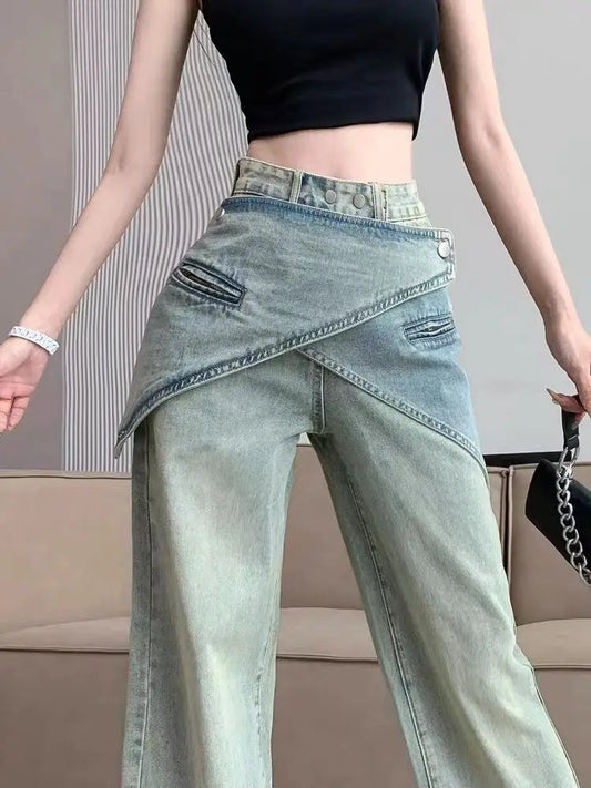 Light Blue Jeans Irregular Belt Cowboy Denim Straight Wide Leg Pants Female 90s Do Old Aesthetics Trousers