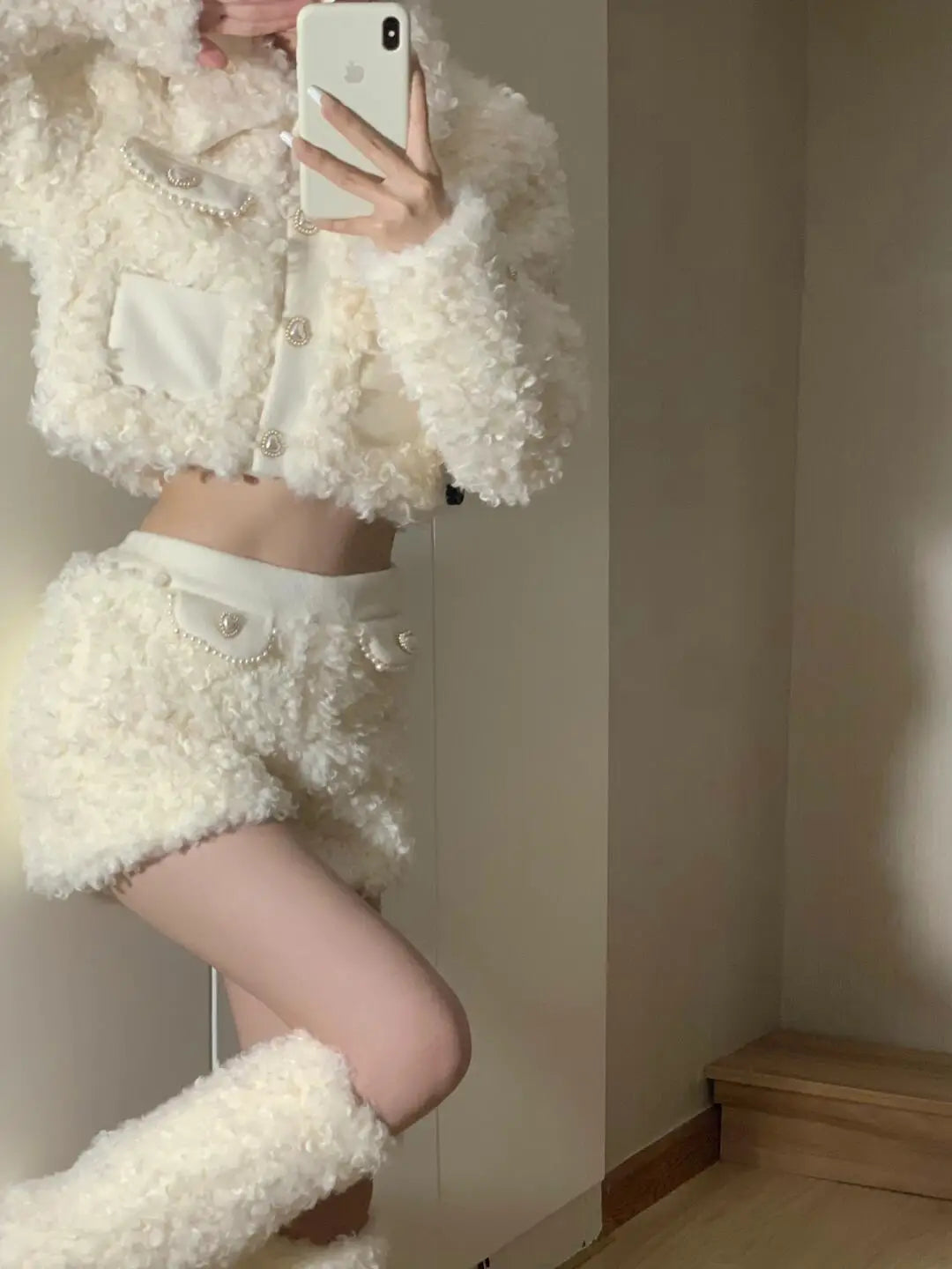 Lamb Fur Shorts Set Autumn and Winter New Plush Warm Slim Short Coat+high Waist Short Two Piece Sets Outfits