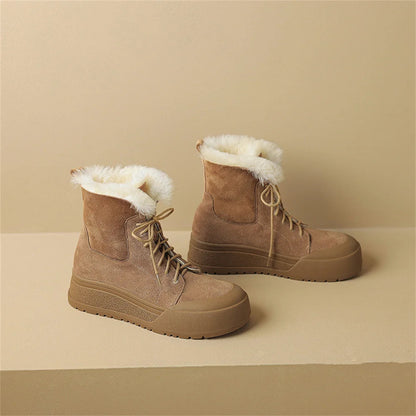 Wool Snow Boots Flats With Platforms Crosstied Ankle Boots Round Toe Fur Short Winter Warm Boots Shoes