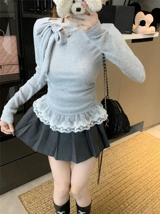 Gray Lace Spliced Knit Base Sweater for Ballet Style Autumn Winter Bow Tie Knitwear Lace Long Sleeve Pullover