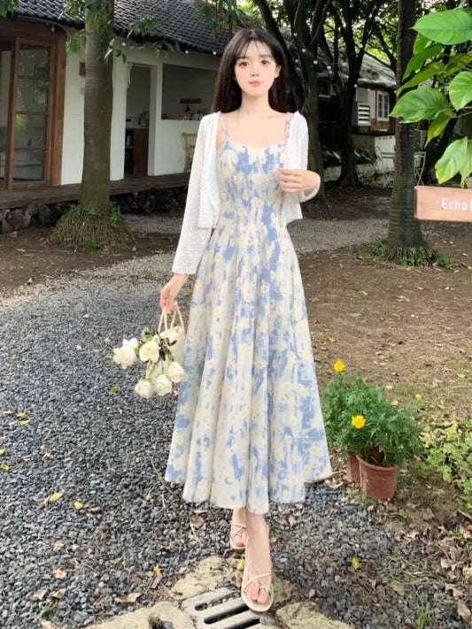 Summer Spaghetti Strap Long Dresses Prints French Midi Dress Stylish Partywear Sleeveless Ropa Mujer