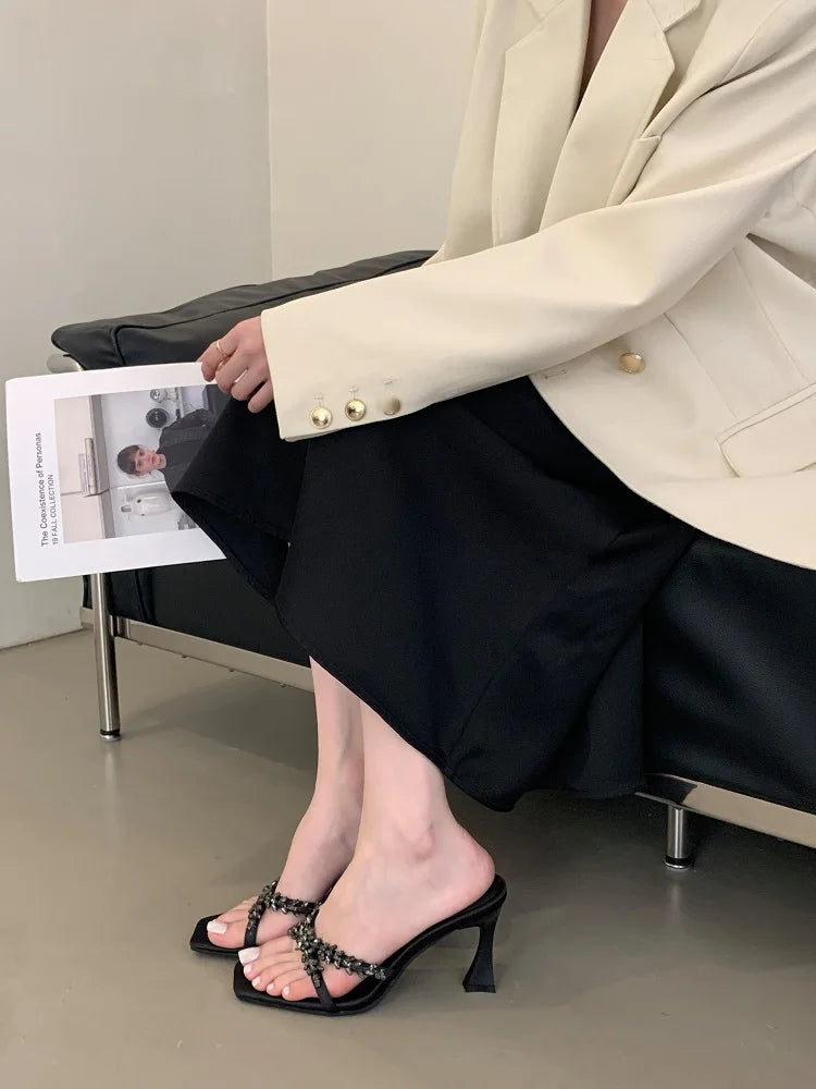 Street Style Crystal Narrow Band Slippers Woman Open Toe Thin High Heels Sandals Stripper Party Slides Shoes