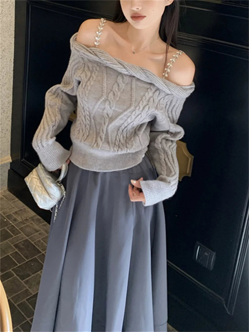 Knitted Slash Neck Sweaters Daily Knitted Pullovers Daily Sweet Off Shoulders Spring