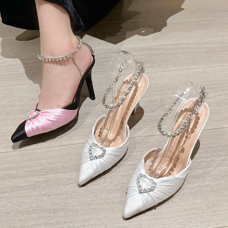 Crystal Buckle Strap Pointed Toe Pumps Prom Thin Heels Sandals Mule Party Shoes
