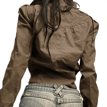 Y2k Fall Winter Crop Jackets for Turtleneck Zip Up Coats Brown 90s Clothes Bomber Jacket