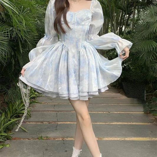Spring Fall Aline Mini Dresses Blue Korean Vestidos Mujer Beach Style Sweet Print Dress