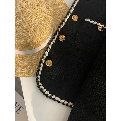 Tweed Jacket Cropped Quilted Coat Commute Black Blazer Winter Korean Short Outerwear Tops New
