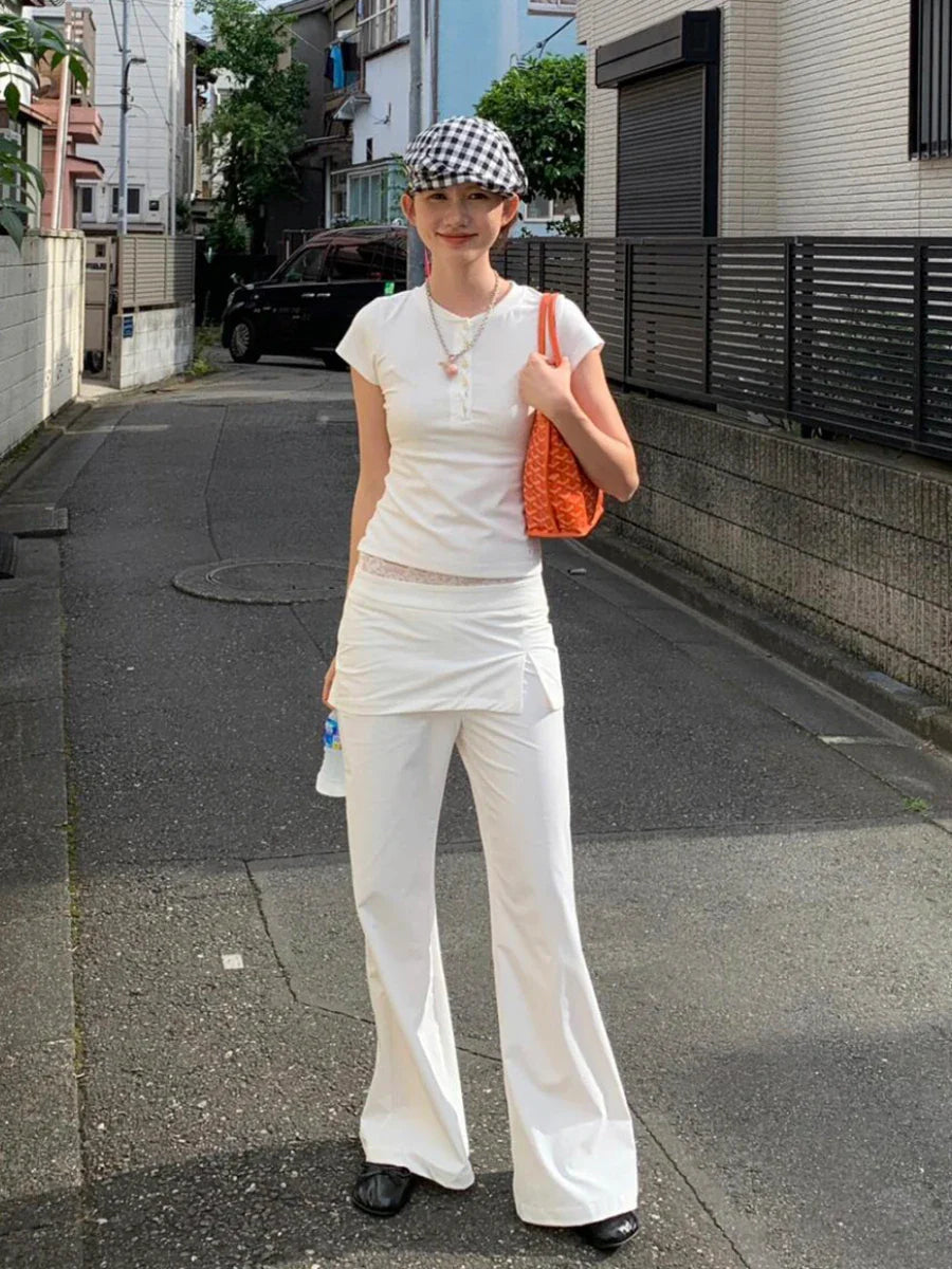Lace Patch Strap Bootcut Pants White