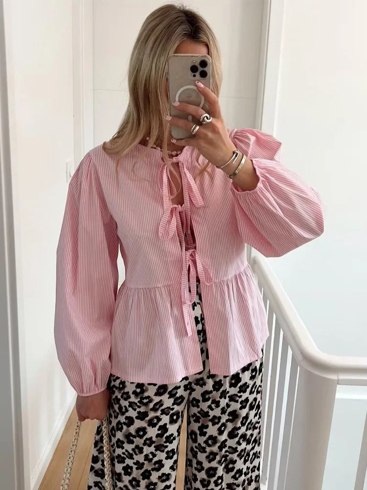 Summer Causal Round Neck Laceup Blouses Puff Long Sleeves Loose Shirt Y2k Female Stripe Tops