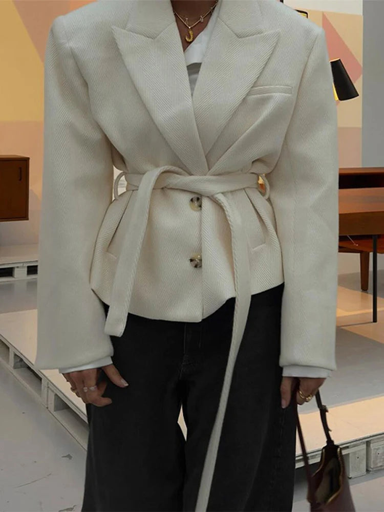 Street Lace Up Cropped Blazer Coat Loose Lapel Pocket Long Sleeve Suit Jackets Female Spring White All-match Outwear