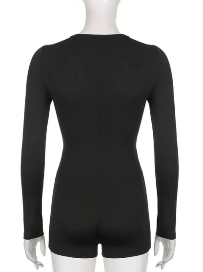 Black Jumpsuit Slim Fit Long Sleeve Romper Clothes One Piece Playsuit Overalls V-neck Buttons