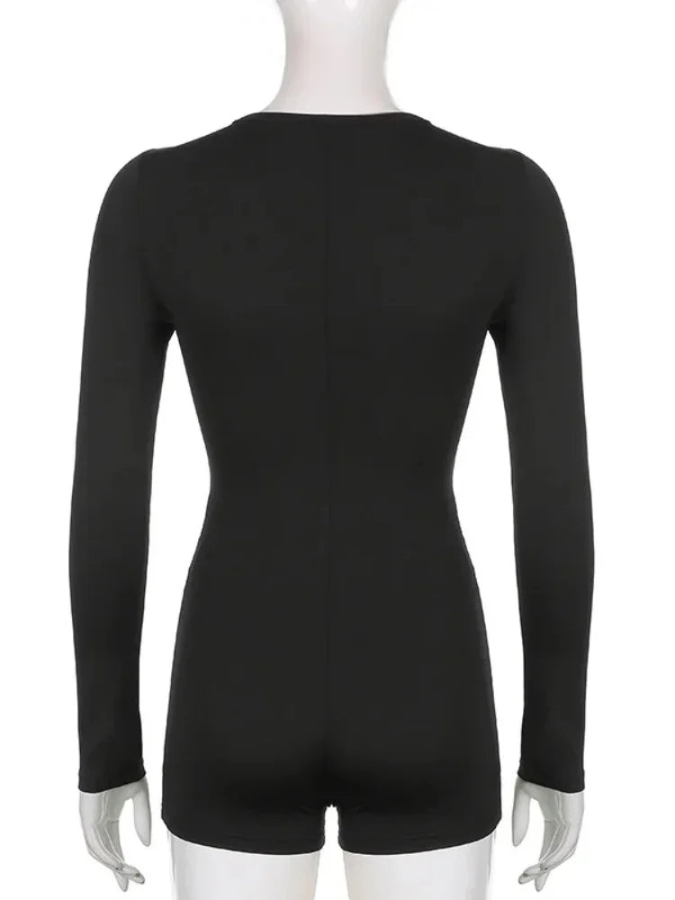 Black Jumpsuit Slim Fit Long Sleeve Romper Clothes One Piece Playsuit Overalls V-neck Buttons