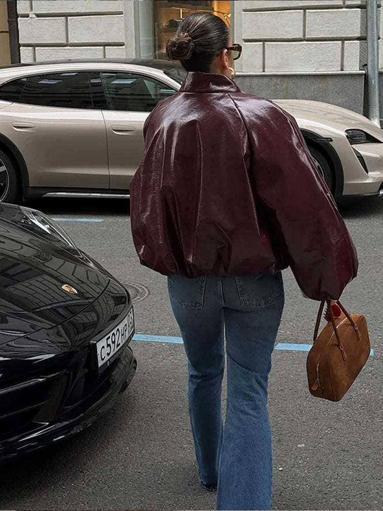 Lady Retro Color Stand Up Collar Pilot Jacket New Long Sleeved Zipper Jackets High Street Commuter Coat