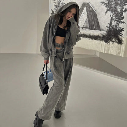 Sweatpants Gray Loose Wide Leg Trousers Hollow Out Female Clothing