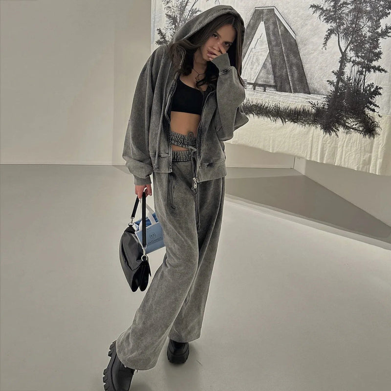 Sweatpants Gray Loose Wide Leg Trousers Hollow Out Female Clothing
