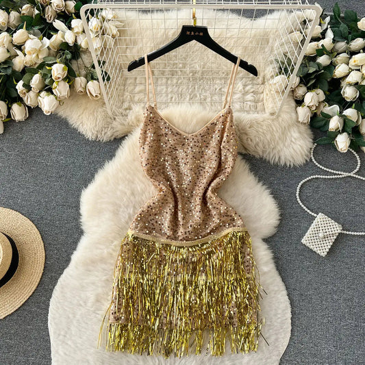French High End Strap Glitter Camisole Dress Female Spicy Girl Slimming Tassel Splicing Sleeveless Aline Midi Dress for