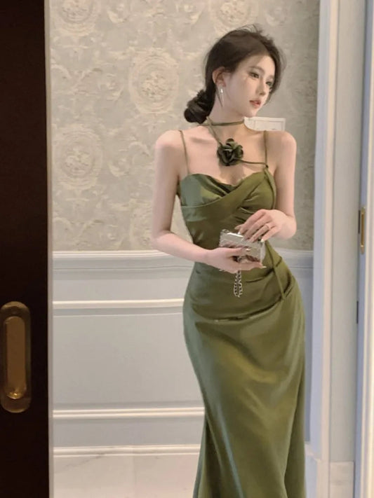 Satin Midi Dress Spaghetti Strap Bodycon 3d Flower High Waist Slim Evening Party One Piece Lady Vestidos