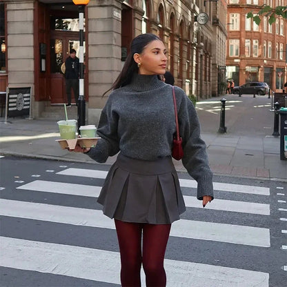 Autumn New Winter Loose Sweater High Collar Long Sleeves Female Short Pullover Lady High Street Knitwear