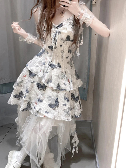 2000s Y2k Irregular Midi Dress Female Short Party Japanese Print Sleeveless Dress One Piece Dress Korean Summer