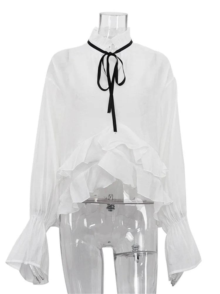 Bandage See-through Chiffon Shirts Pullover for Cover Up Patchwork Summer Lace-up ’s Blouse Top