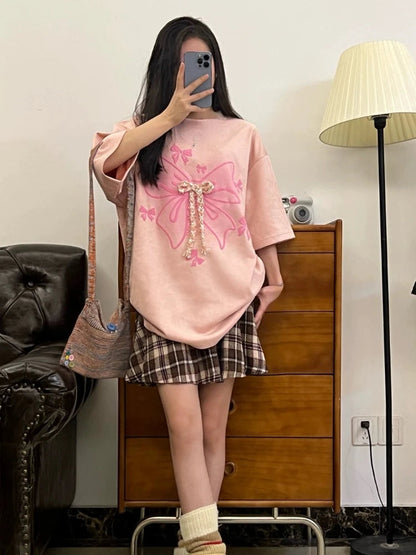 Kawaii Sweet Tshirts Retro Short Sleeve Y2k Blouse Tees Female Design Loose Shirts Japanese Style Summer
