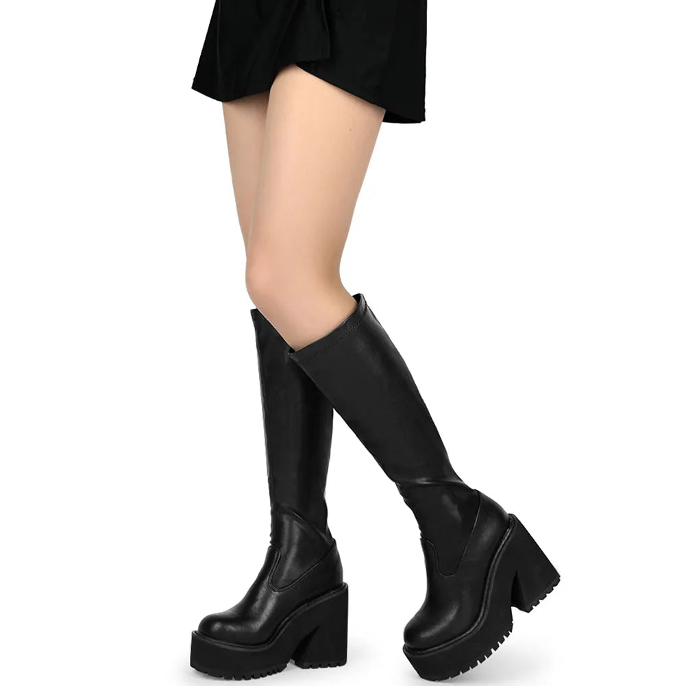 Platform Chunky High Heeled Knee High Boots Cool Round Toe Sweet Heeled Boots Gothic Uniform Dress Shoes