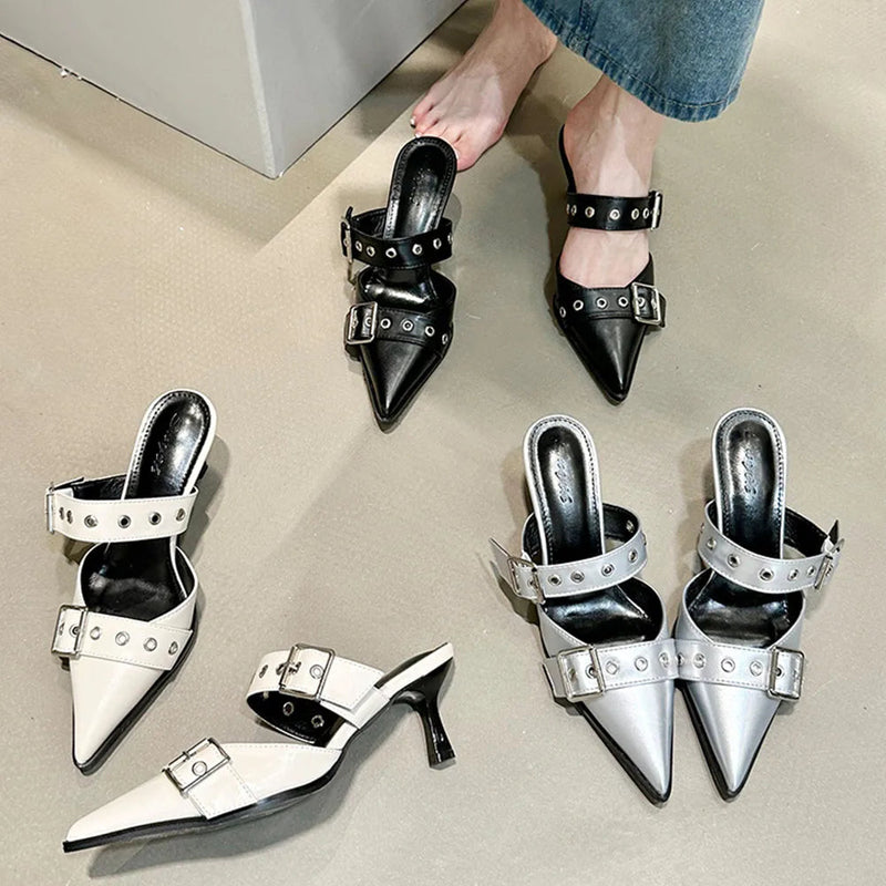 Pumps Belt Buckle Pointed Toe Black High Heel Mule Summer Slides Half Slipper Shoes for Big Size 43
