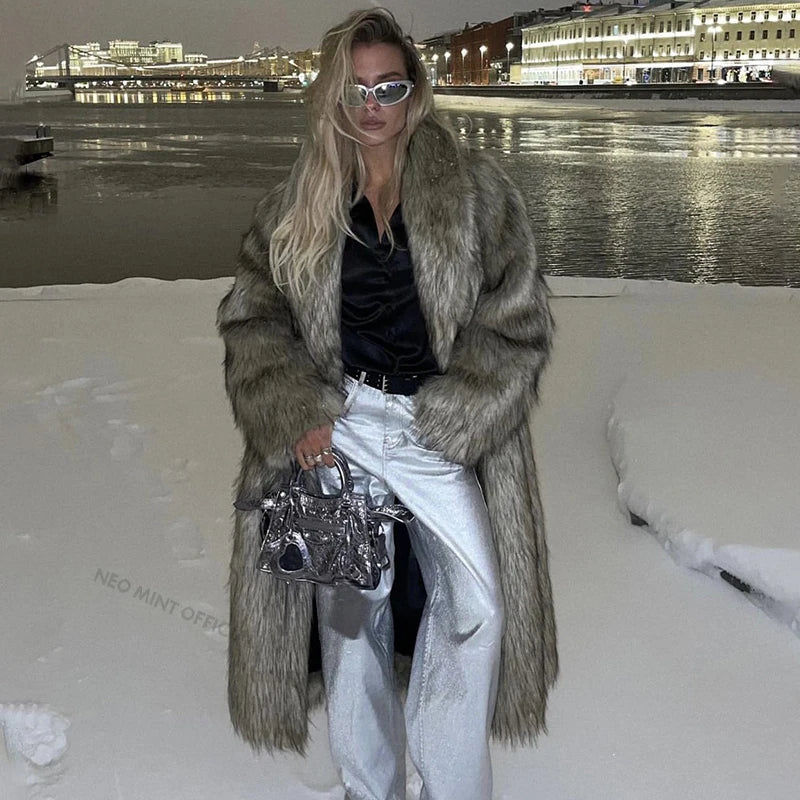 Mob Wife Aesthetic Long Faux Fur Coat Winter Fluffy Gradient Fox Fur Jacket Female Furry Overcoat