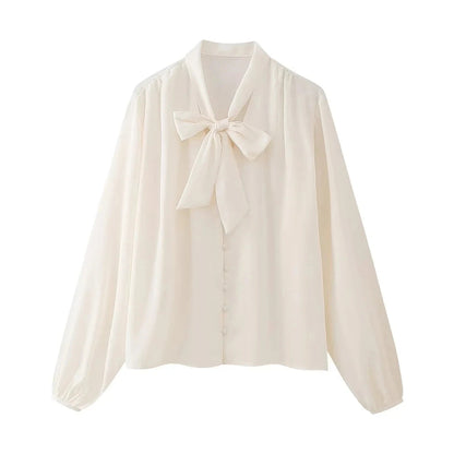 Bow Laceup Blouse Loose Singlebreasted Long Sleeve Shirts Office Lady Summer Commuter Tops