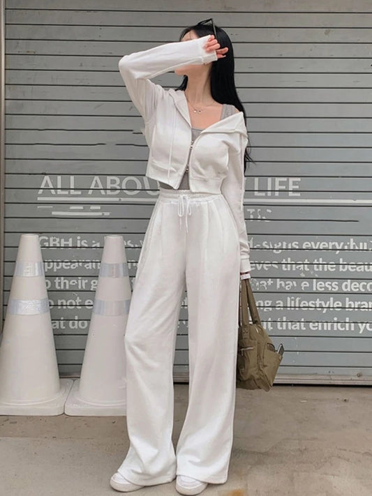 Korean 2-piece Pants Set Tracksuit Autumn New Hooded Zip-up Crop Top Long Pants Outfits