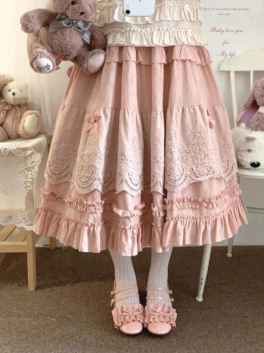 Embroidered Lace Ball Gown Skirts Bow Selvedge Lotus Leaf Skirt Clothing Sweet Age Reduction Kawaii Skirt