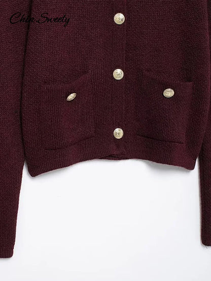 Autumn Knit Burgundy ’s Cardigans O-neck Single-breasted Long Sleeve Pocket Top Autumn Winter Lady All-match Knitwear