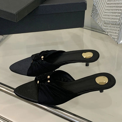 Pleated Silk Hollow Out Metal Buckle Slippers Sandal Summer Pointed Toe Low Thin Heels Beach Party Female Shoes