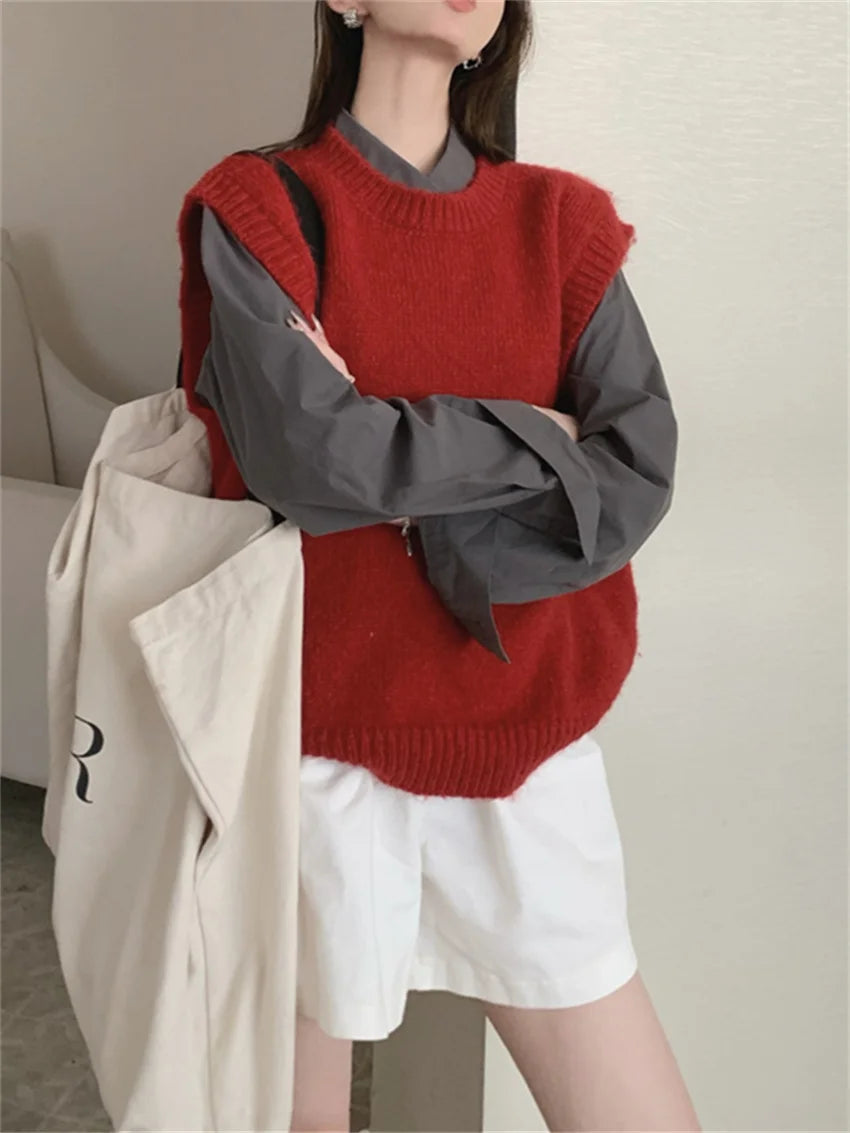 New Red Sweaters Vest Loose Daily Knitwear All Match Winter Pullovers Gentle Slim