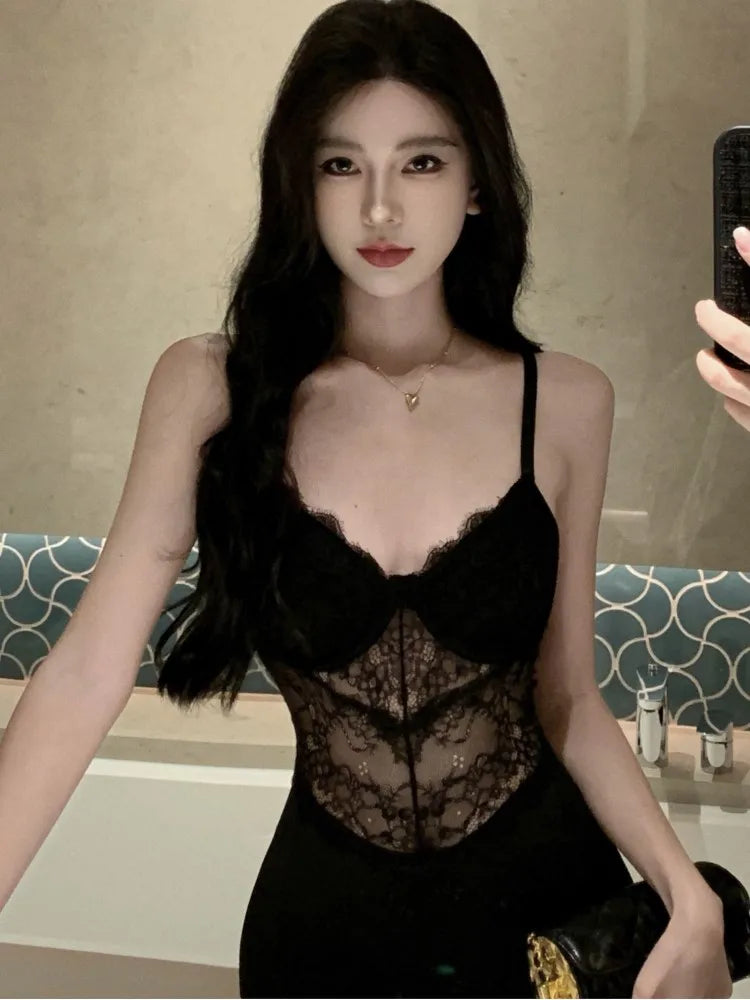 Black Lace Long Dresses for Summer New Hollow Out High Split Bodycon Camisole Evening Party Dress Prom Robe Vestido