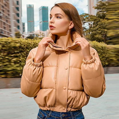 Winter Warm Thick Pu Leather Coats Short Parkas Black Cotton Padded Lady Down Jacket Zipper Clothes