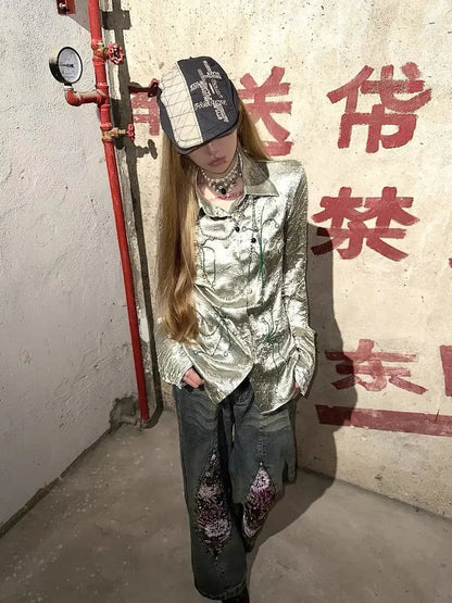 Metallic Luxurious Wrinkled Polo Collar Budding Plant Long Sleeve Shirts for Autumn New Loose Blouses Tops
