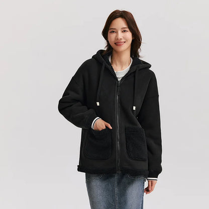 Coat Imitation Lamb Wool Polar Fleece Double-sided Wear Loose New Winter Contrast Color Simple Hooded Jacket