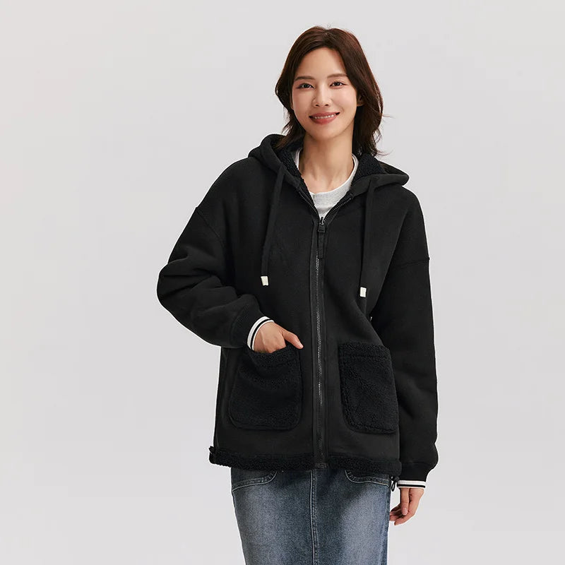 Coat Imitation Lamb Wool Polar Fleece Double-sided Wear Loose New Winter Contrast Color Simple Hooded Jacket