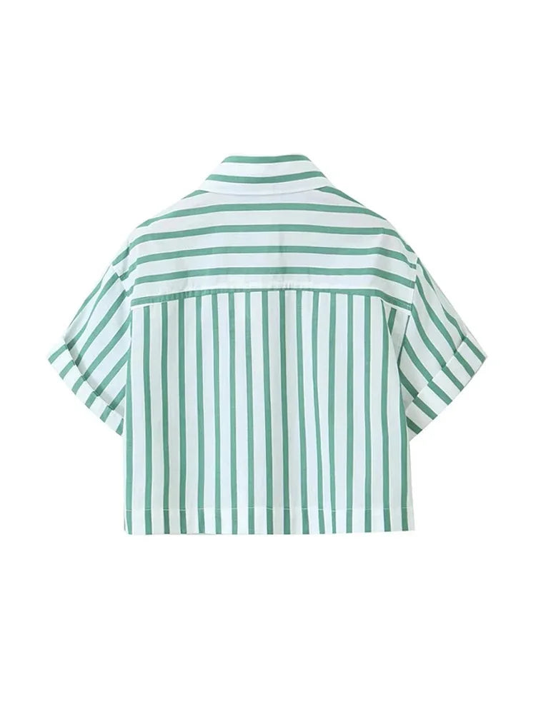 Summer Causal Short Sleeves Shirts for Woman Green Stripes Lapel Tshirt Buttons Female Cropped Slim Blouses