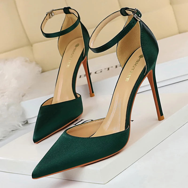 Shoes Satin With Shallow Pointed Pumps Buckle High Heels Female Shoes Stiletto Heels Sandals Party Shoes
