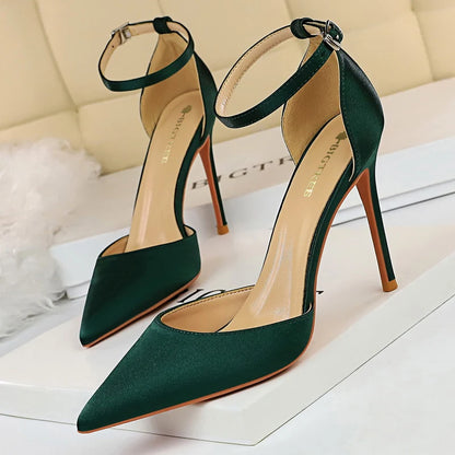 Shoes Satin With Shallow Pointed Pumps Buckle High Heels Female Shoes Stiletto Heels Sandals Party Shoes