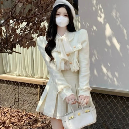 Autumn New French Tweed Two-piece Skirt Set Short Jacket Coat + Pleated Mini Skirt Suits Korean Outfits