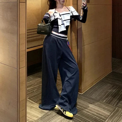 Autumn New American Laceup Loose Wide Leg Pants + Patchwork Halter Sweater + Knitted Shawl Threepiece Suit